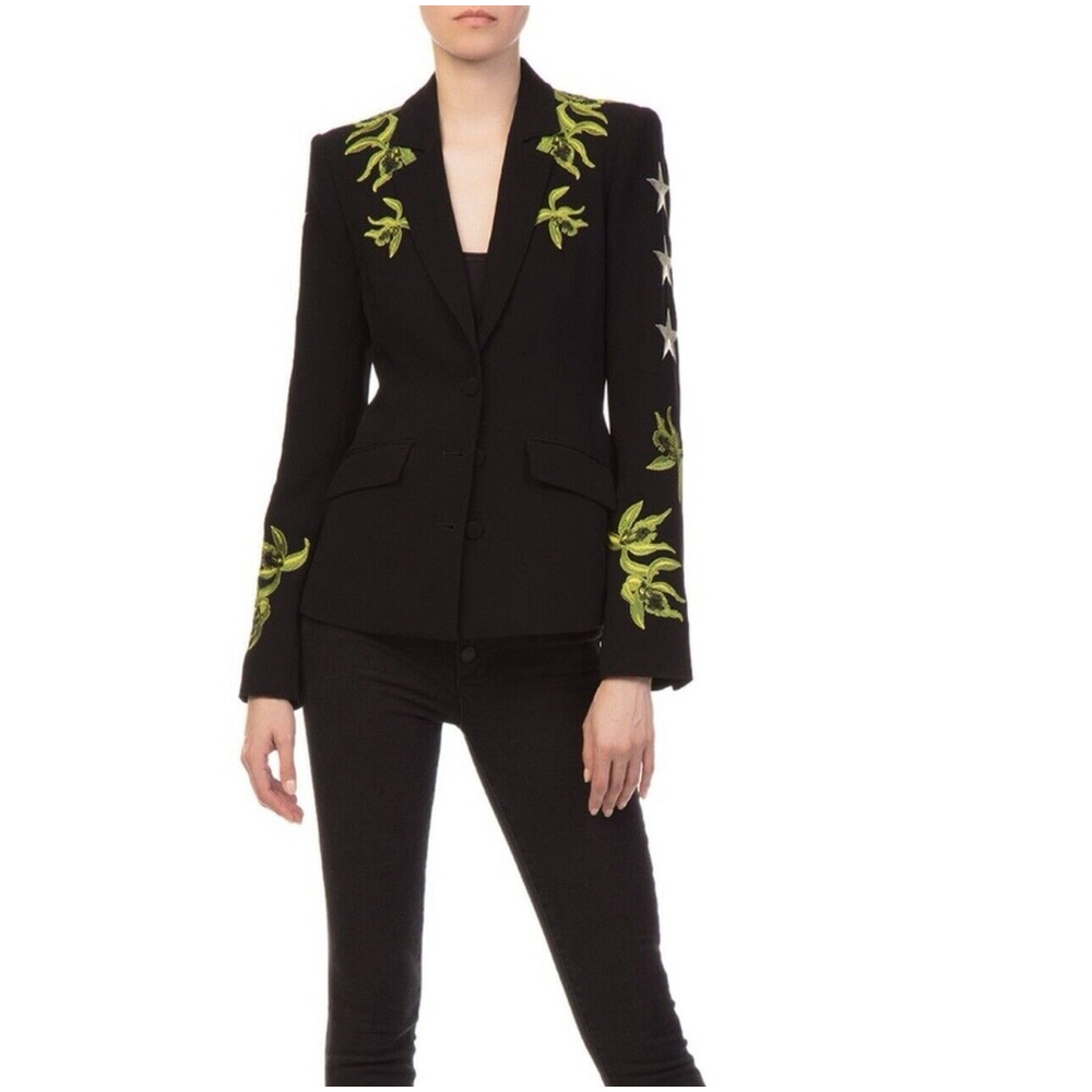 cinq a sept Black Blazer with Neon Green Embroidered Detail